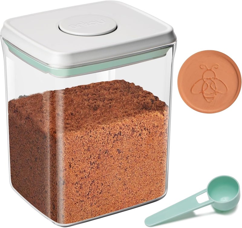 Mutclord POP Airtight Brown-Sugar Keeper-Container - 1.3Qt(42Oz/1.2L) Clear Jar | 1/2 Tablespoon Scoop | Brown Sugar Saver | Stackable One-Touch Opening - Image 1